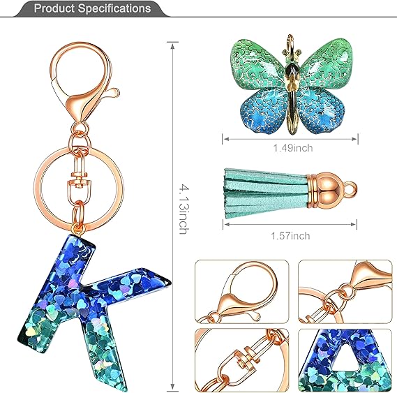 Initial letter Keychains for Women Tassel Butterfly Pink Purple Cute Car Keychain for Wallet Backpack bag charm