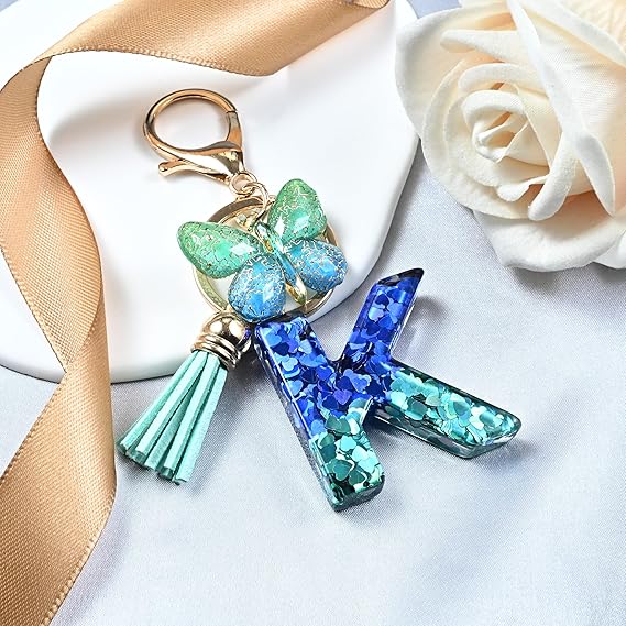 Initial letter Keychains for Women Tassel Butterfly Pink Purple Cute Car Keychain for Wallet Backpack bag charm