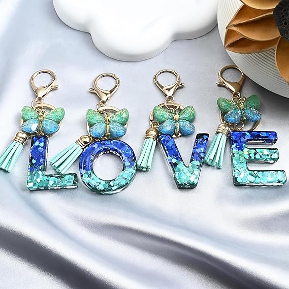 Initial letter Keychains for Women Tassel Butterfly Pink Purple Cute Car Keychain for Wallet Backpack bag charm