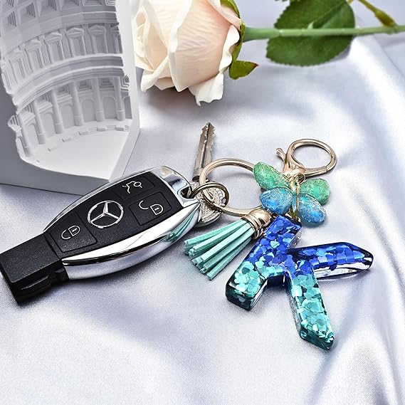 Initial letter Keychains for Women Tassel Butterfly Pink Purple Cute Car Keychain for Wallet Backpack bag charm