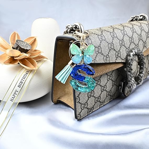 Initial letter Keychains for Women Tassel Butterfly Pink Purple Cute Car Keychain for Wallet Backpack bag charm