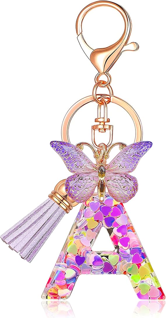 Initial letter Keychains for Women Tassel Butterfly Pink Purple Cute Car Keychain for Wallet Backpack bag charm
