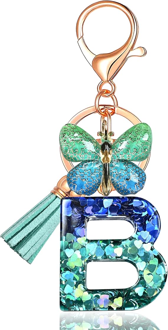 Initial letter Keychains for Women Tassel Butterfly Pink Purple Cute Car Keychain for Wallet Backpack bag charm