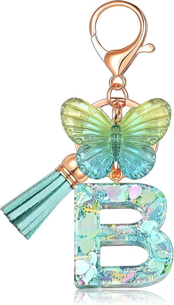 Initial letter Keychains for Women Tassel Butterfly Pink Purple Cute Car Keychain for Wallet Backpack bag charm